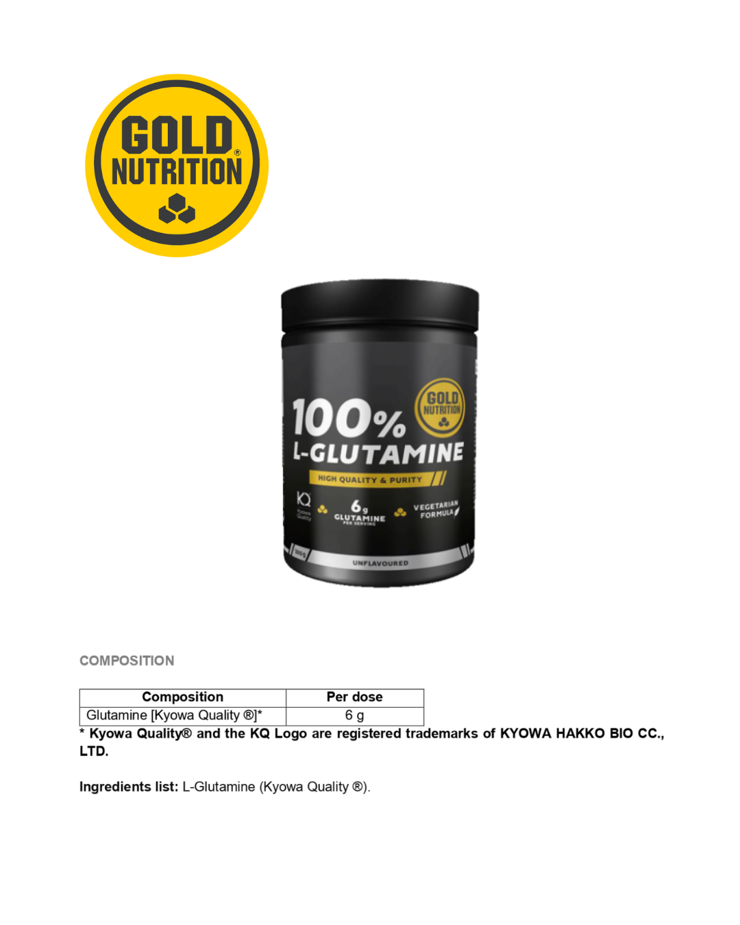100% L-Glutamin 300g – Högkvalitativt glutamin från Kyowa® för återhämtning och muskelväxt.