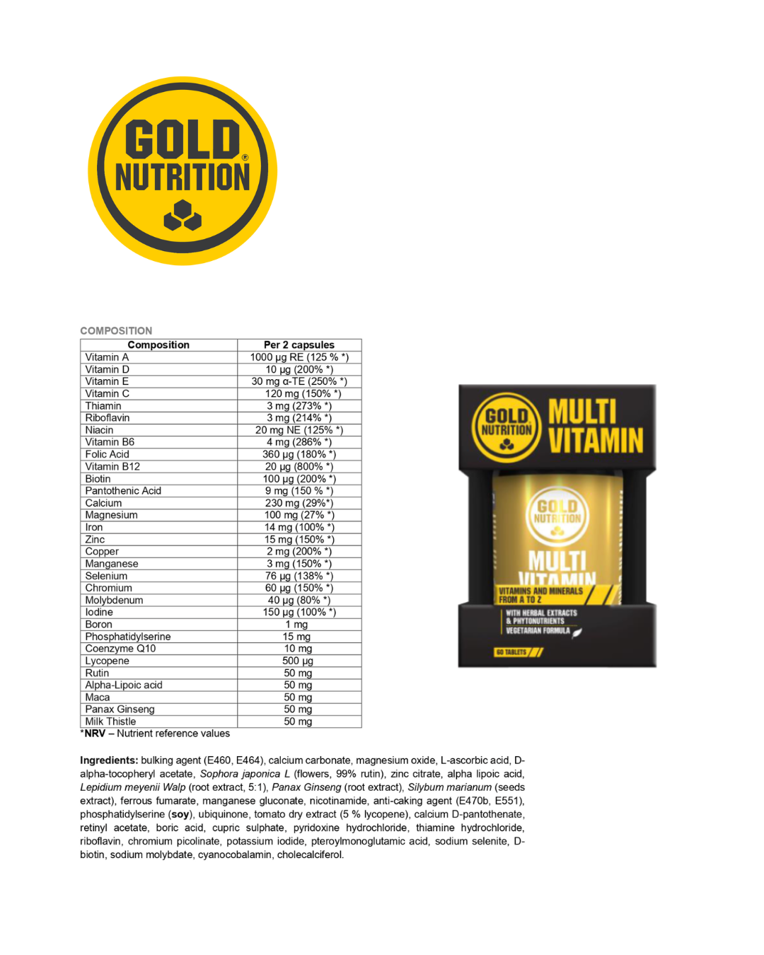 Multivitamin GoldNutrition®-burken – en komplett formula med 30+ essentiella vitaminer och mineraler.
