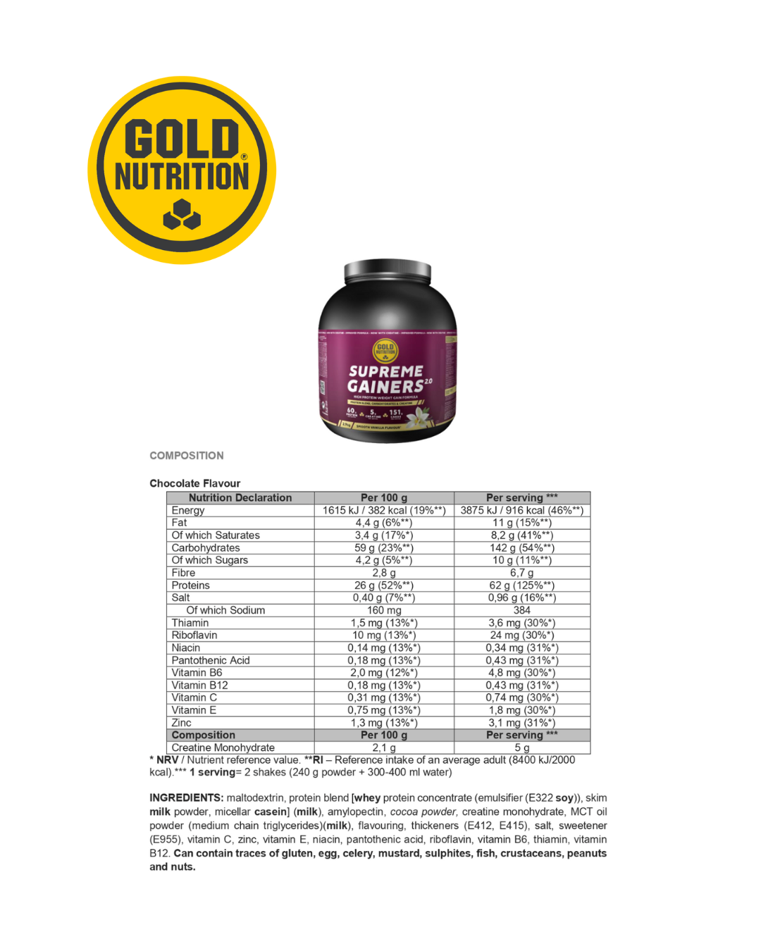 En skopa Supreme Gainers 2.0 – högkvalitativt protein- och kolhydratpulver för viktuppgång och återhämtning.