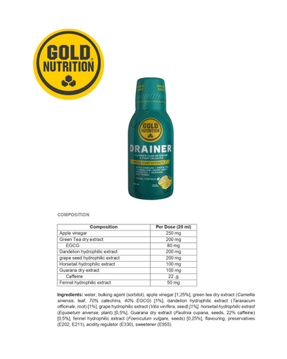 Drainer 2.0 kombinerar grönt te, hästkastanj och äppelcidervinäger för naturlig detox och dränering.