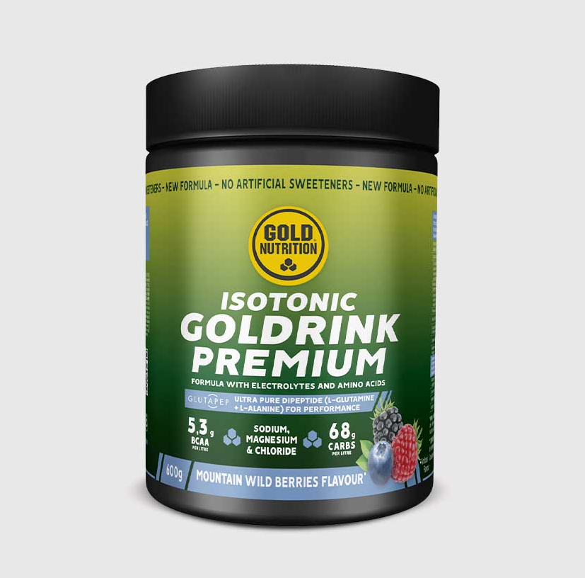 Goldrink Premium innehåller glukos, fruktos, BCAA och elektrolyter för uthållighet och återhämtning