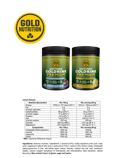Goldrink Premium innehåller glukos, fruktos, BCAA och elektrolyter för uthållighet och återhämtning