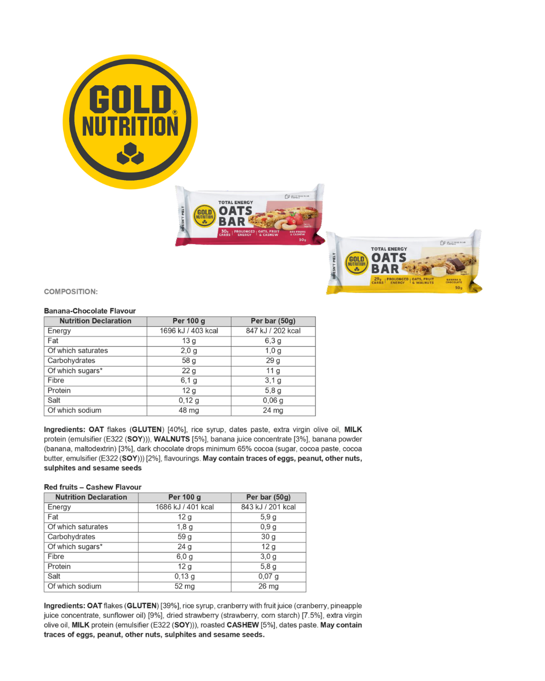 Total Energy Oats Bar GoldNutrition® – havrebar med naturliga ingredienser för snabb och långvarig energi.