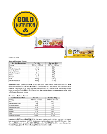 Total Energy Oats Bar GoldNutrition® – havrebar med naturliga ingredienser för snabb och långvarig energi.